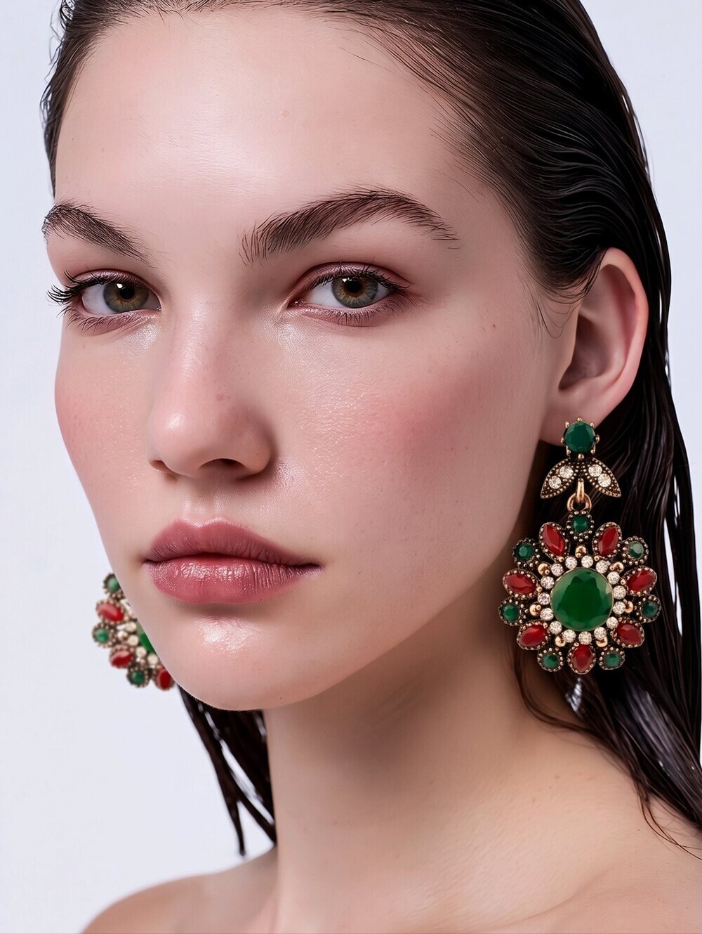 NWT Elegant Green and Red Floral Drop Rhinestone Earrings Gold Plated